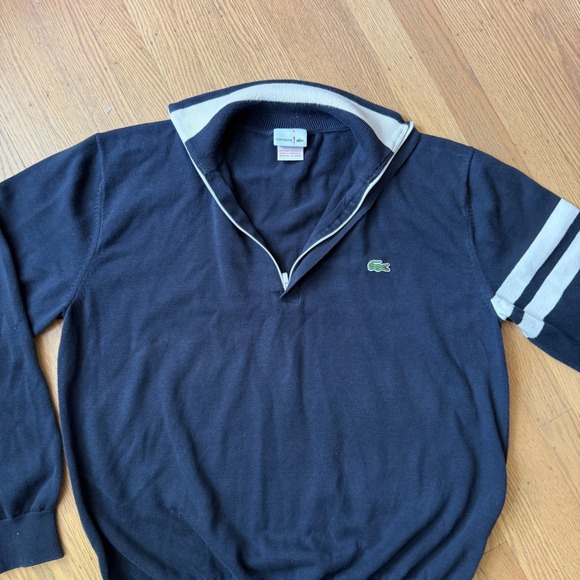 Lacoste Other - Lacoste Mens Navy Blue 100% Cotton Quarter Zip Stripe Sleeve Sweater Size xl 6 L